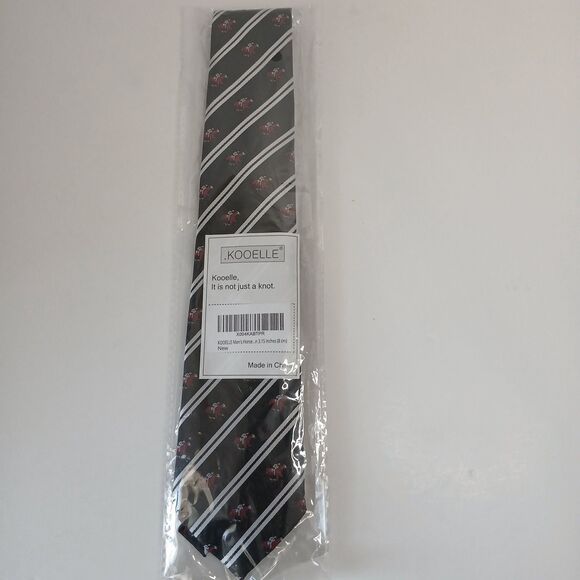 Kooelle Men's Jacquard Tie Horse Racing Tie 3.15" Black, Red, and White New - Picture 3 of 5